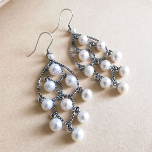 Textured Sterling Silver Freshwater Pearl Large Waterfall Chandelier Earrings - Picture 8 of 8