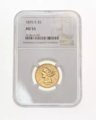 1876-S $5 LIBERTY HEAD HALF EAGLE GOLD COIN NGC AU55