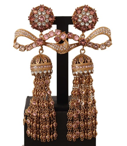 DOLCE & GABBANA Earrings Gold Dangling Crystals Long Clip-On Jewelry RRP $1500