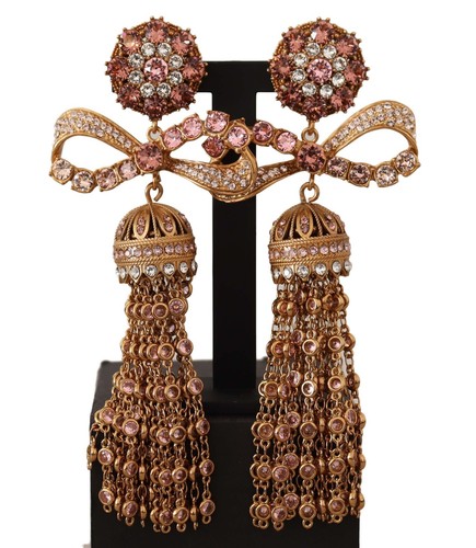 DOLCE & GABBANA Earrings Gold Dangling Crystals Long Clip-On Jewelry RRP $1500 - Picture 1 of 11