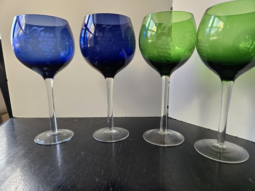 Handblown Wine Glasses Etched Grapes Leaf Mid-Century Modern Rare Set Of 4 - Picture 2 of 20