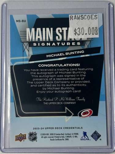 2023-24 Upper Deck Credentials Main Stage Signatures Michael Bunting - Picture 2 of 2