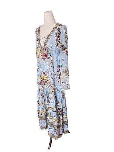 CAMILLA 'floraful' lace up maxi dress women's size XS 100% silk long sleeve blue - Picture 7 of 17