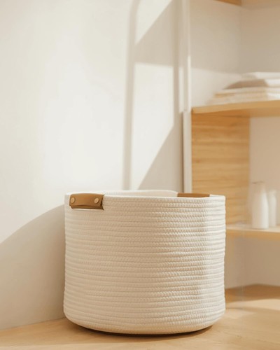 Small Cotton Woven Basket with PU Leather Handle, Baby Kids Small, Coffee  - Imagen 8 de 8