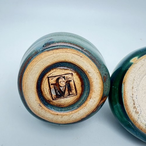 Studio Art Pottery Bud Vases By CM Stamped BlueGreen Drip Glaze Ceramic Set Of 2 - Picture 10 of 13