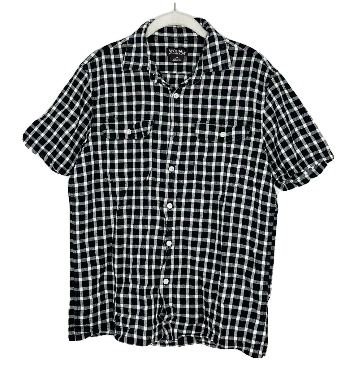 【送料&関税込】Michael Kors Ls Linen T-shirt Michael Kors Mens Button Up T Shirt Black White Plaid Linen