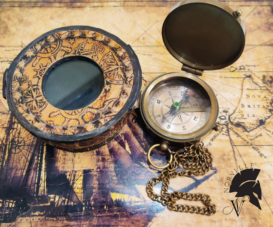 Brújula de latón vintage con estuche de cuero antigua náutica marítima coleccionable Foto 4 de 4