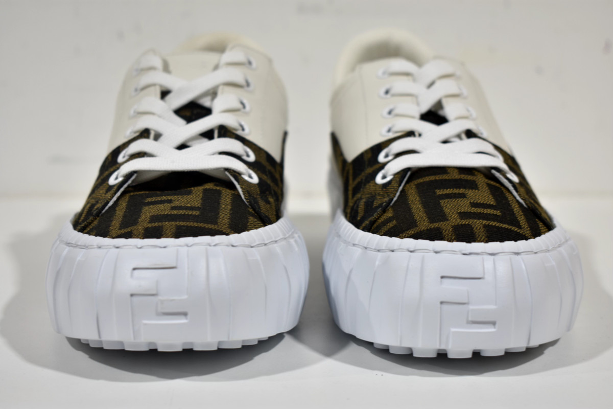 Fendi Force Brown FF Canvas White Platform FF Logo Low Top Trainer Sneaker 41