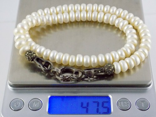 Sterling Silver and Marcasite Clasp Pearl Strand Necklace 925 17.75 Inches 47.5g - Picture 10 of 12