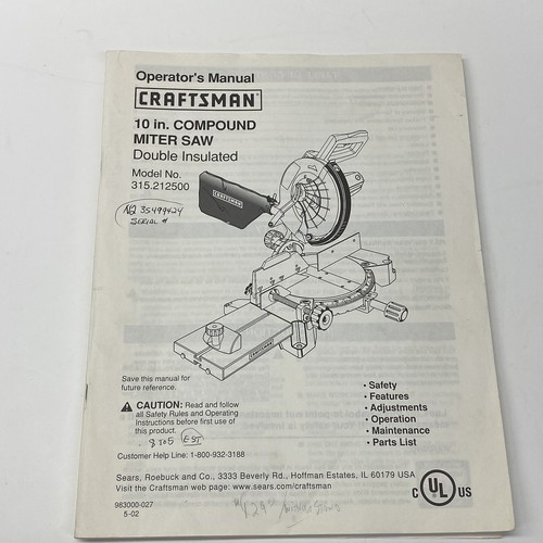 Craftsman 10” Miter Saw Owners Instruction Manual 315.212500 eBay