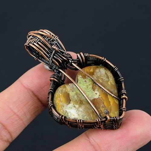Natural Mother Of Pearl, Moonstone Gemstone Copper Wire Wrap Pendant 2.28" D989 - Picture 4 of 9
