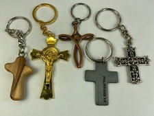 Cross Shaped Religious Christian Metal  Wood Various Styles Keychains Lot of 5