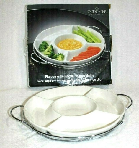 Godinger Porcelain Chip and Dip With Silver Finish Serving Rack 9 3/4" - Picture 2 of 12