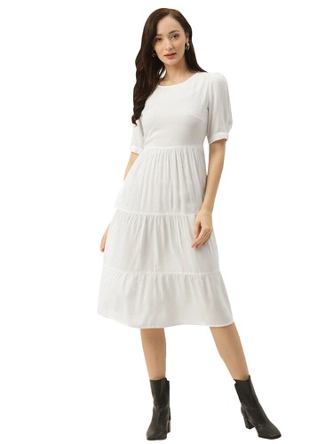 Fit and Flare Midi Dress For Women Tiered Flared Dres Puff Sleeves Solid Cotton - Picture 2 of 29