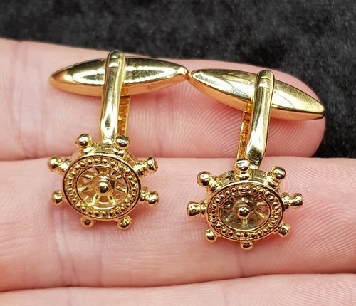 Paar Vintage Manschettenknöpfe vergoldet Herren Schiffe Rad Boot Helm nordisches Thema - Bild 3 von 6