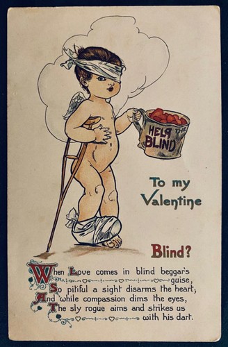 Verletzter blinder Cherub bettelt um Geld Nister Valentinstag Postkarte & Gedicht - Bild 1 von 2