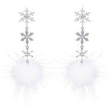Christmas Snowflake Earrings for Women Long Dangle White Pom Pom Earrings Faux F