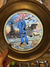 Vtg 1984 US NAVY Stained Glass Pewter Rimmed Plate W/ Cert Auth USHS
