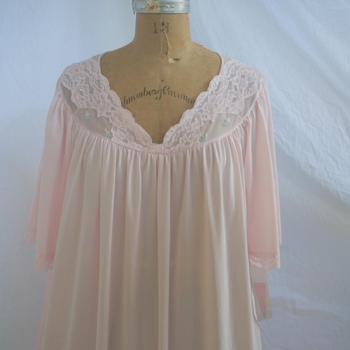 NWT SHADOWLINE Pink Nylon Sheer Short Full Nightgown Floral Embroidery Lace 1X - Picture 4 of 8