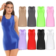Womens Glossy Bodycon Mini Sundress Oil Shiny Sheer Pencil Dress Clubwear