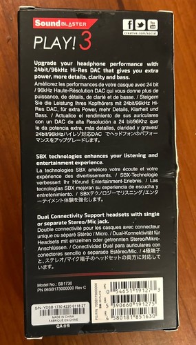 Creative Sound Blaster Play 3 Hi-Res USB DAC AMP Audio Adapter SB1730 - Picture 2 of 2