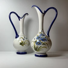 Vintage Paoli Montelupo Italy Hand-Painted Floral Ewers Pitchers Pair 15”