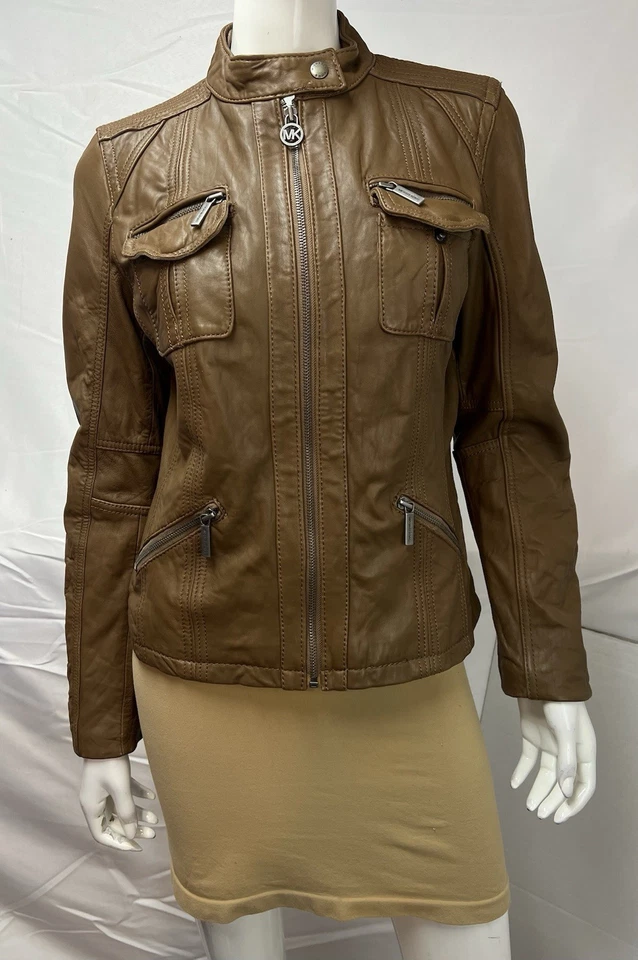 Chaqueta de motociclista Michael Kors grande marrón cuero genuino piel de cordero para mujer Foto 2 de 4
