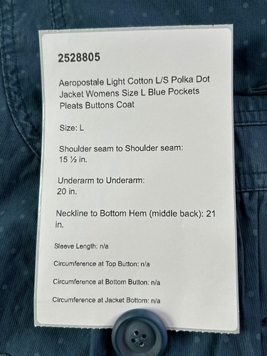 Aeropostale Light Cotton L/S Polka Dot Jacket Womens Size L Blue Pockets Coat - Picture 3 of 16