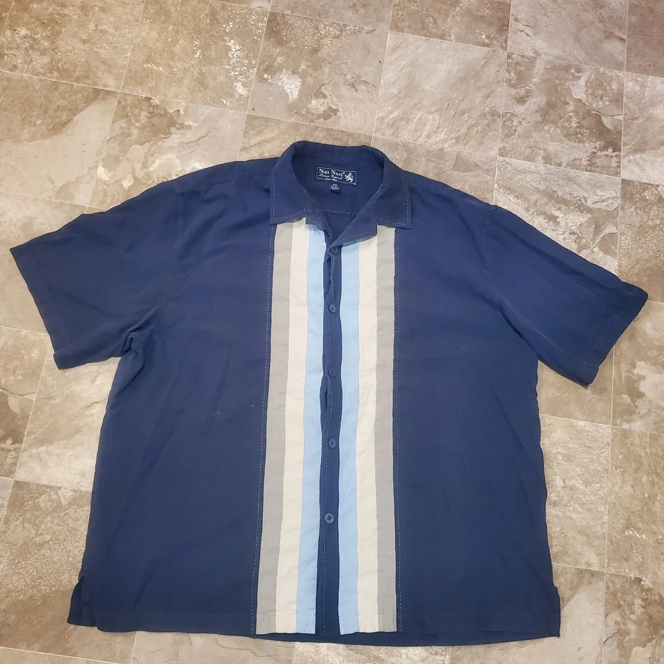 Camisa Nat Nast Para Hombres 2XL XXL Abotonada Seda Algodón Azul Blanco Gris Rayas Foto 3 de 4