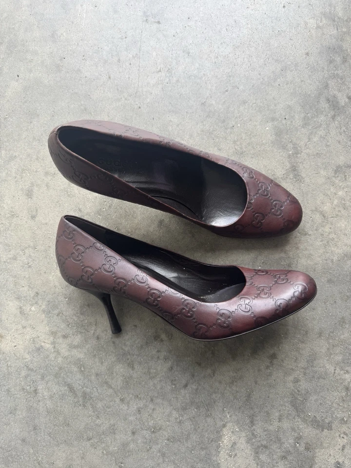 Gucci Gucciama тисненая кожа круглый носок насосы б/у коричневый подлинный женщин - Изображение 3 из 4