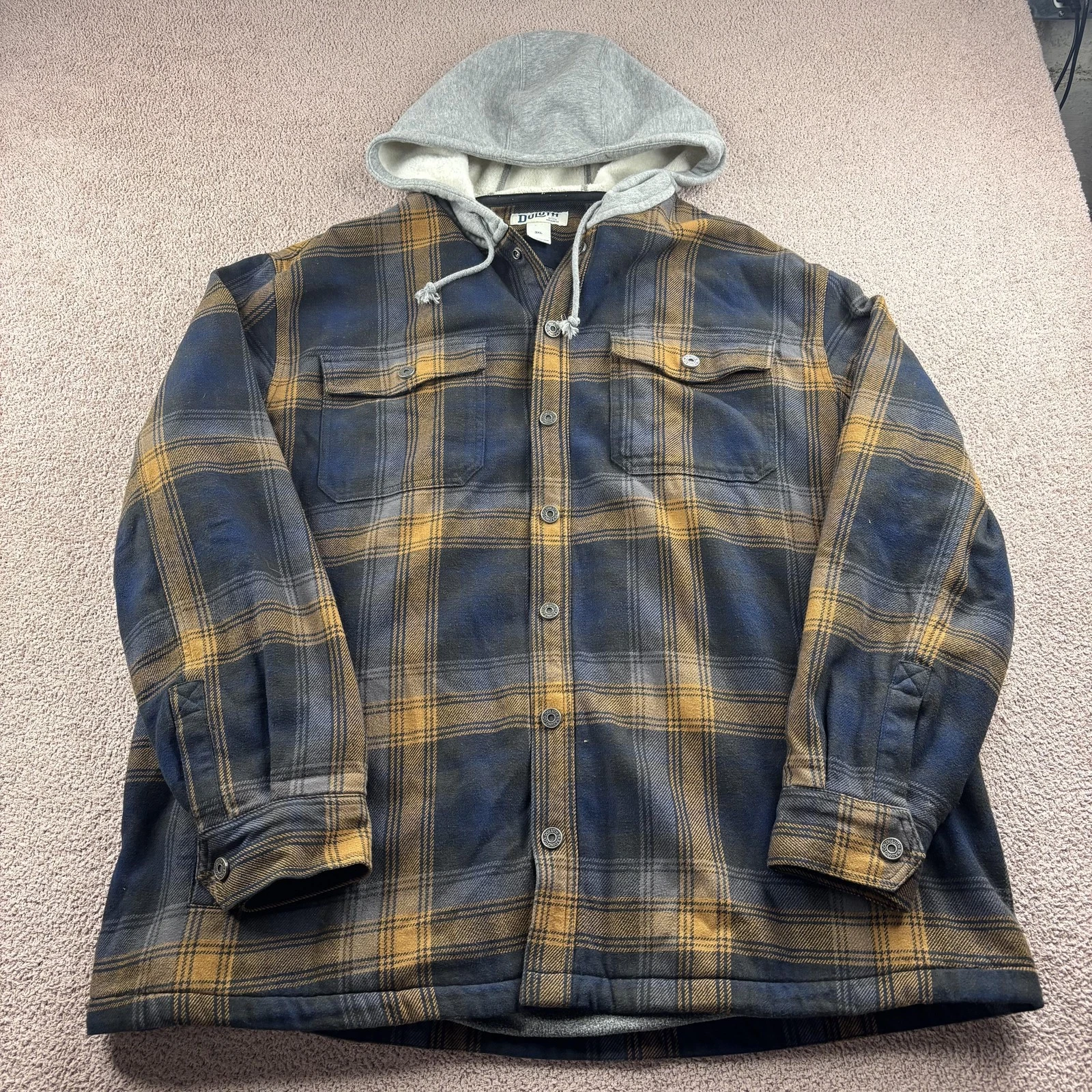 Duluth Trading Co Jacket Mens 3XL Blue Plaid Hooded Flannel Lined Workwear