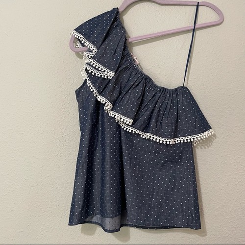 Blusa Parker Lunares Cambray Un Hombro Volantes Mujer XS Punto Suizo Azul - Imagen 8 de 8