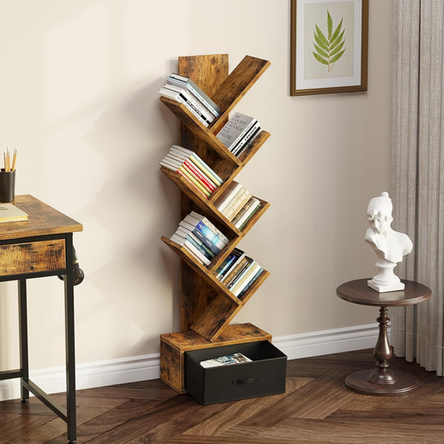 Bookshelf with Drawer, 7 Shelf Tree Bookshelf, Wooden Bookshelves Storage Rack f - Picture 2 of 12