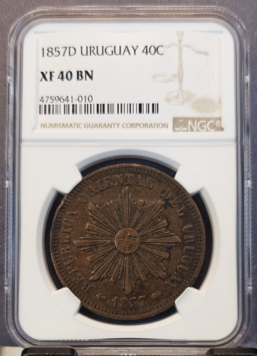 1857 D URUGUAY COPPER 40 CENTAVOS NGC XF 40 BN SCARCE HIGH GRADE - Picture 1 of 3