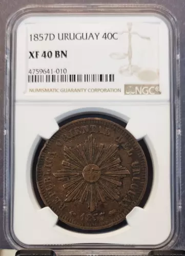 1857 D URUGUAY COPPER 40 CENTAVOS NGC XF 40 BN SCARCE HIGH GRADE