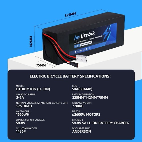 52V 20Ah 30Ah Lithium-ion ebike Battery 200W-2600W Scooter Electric Bicycle Bike - Picture 5 of 32