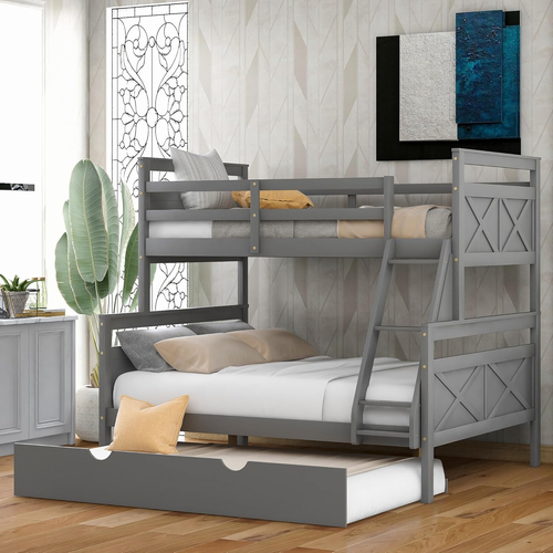 Twin over Full Bunk Bed with Trundle, Ladder & Safety Guardrail, Wooden Bunk Bed - Picture 3 of 6