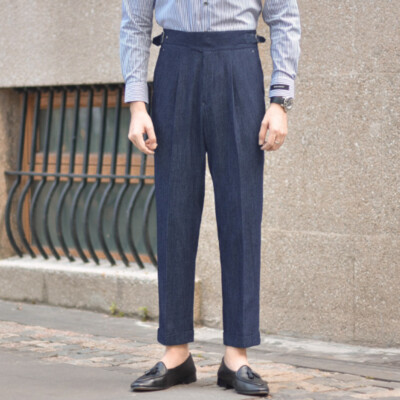 Men Retro Gurkha Denim Pants Straight Business High Waist Naples Casual ...