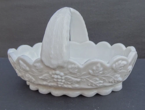 Vintage WESTMORELAND MILK GLASS OVAL BASKET Paneled Grape Oblong Candy Dish