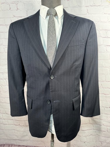 GEOFFREY BEENE Mens Navy Blue Pinstripe Pleated 2 Pc Suit 40S Jacket 33x27 Pant - Picture 2 of 13