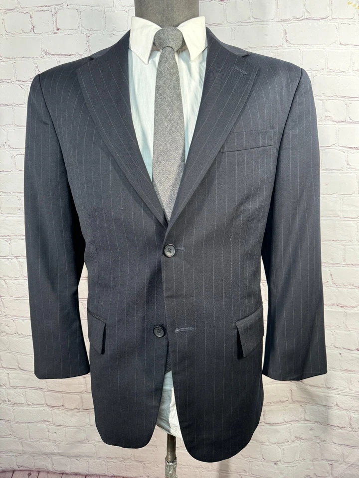GEOFFREY BEENE Mens Navy Blue Pinstripe Pleated 2 Pc Suit 40S Jacket 33x27 Pant - Image 2 of 4