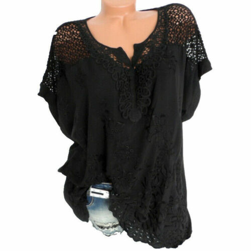 Plus Size Womens V-Neck Tops Boho Short Sleeve Ladies Casual Blouse Lace Shirt - Picture 14 of 14