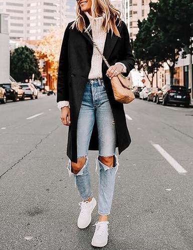 Gabardina para mujer azul con solapa de muesca doble botonadura mezcla de lana medio largo guisante S - Imagen 5 de 6