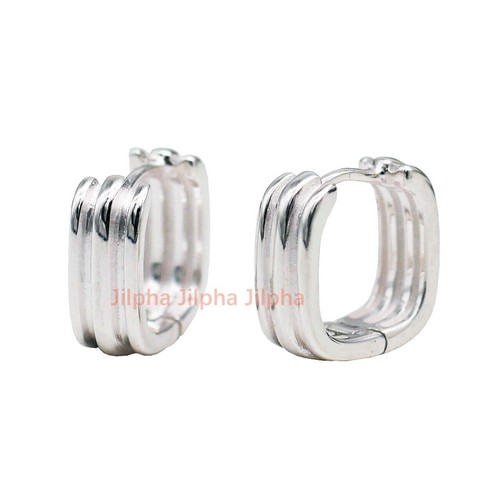 Mens Womens Square Textured Huggie Hoop Earrings Sterling Silver 925 A4543 - Picture 7 of 7