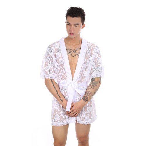 Morgenmantel Cardigan Lungenbekleidung Nachtwäsche Herren sexy durchsichtig Spitze Bad - Bild 5 von 14