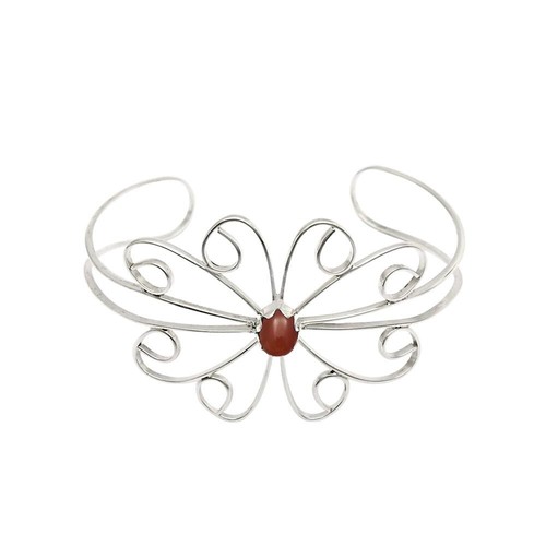 Natural Carnelian Sterling Silver Bezel Flower Sacral Chakra Bangle Bracelet - Foto 3 di 7