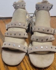 Vince Camuto Women's Deverly Cutout Nubuck Heeled Sandals- Beige Leather 8