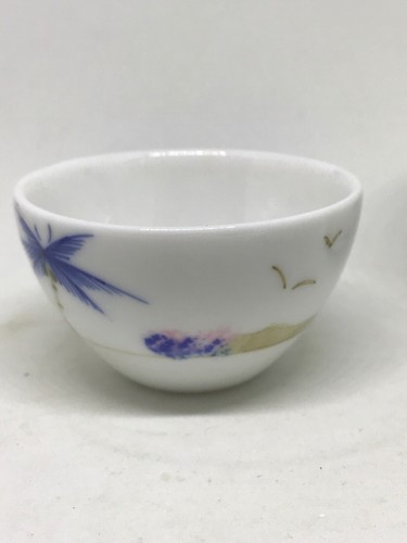 Asian Set of 8 Mini Bowls Hand Painted Blue Palms Porcelain. - Picture 4 of 8