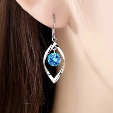 Women 925 sterling silver long-style drop hook earrings with Blue Zircon