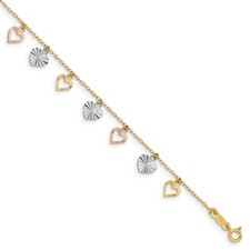Real 14kt Tri-Color Heart Chain Bracelet; 7.25 inch
